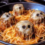 Spooky Spaghetti and Cheese Stuffed Meatballs