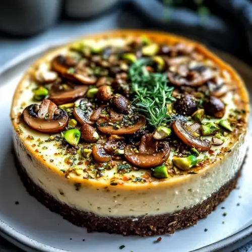 Pistachio and Mushroom Cheesecake with Feta & Parmesan Crust