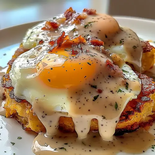 Egg Topped Hash Browns With Bacon Gravy