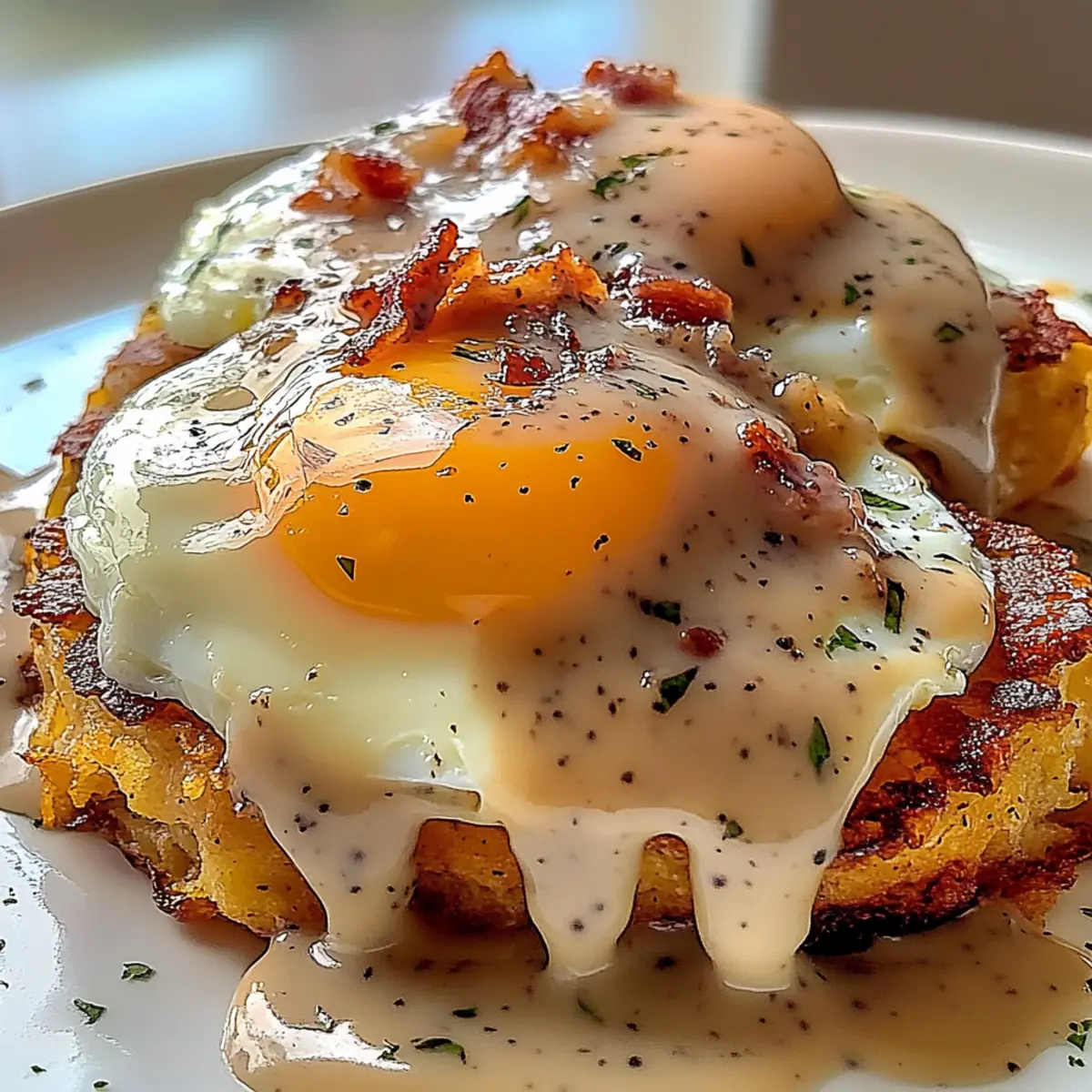 Egg Topped Hash Browns With Bacon Gravy