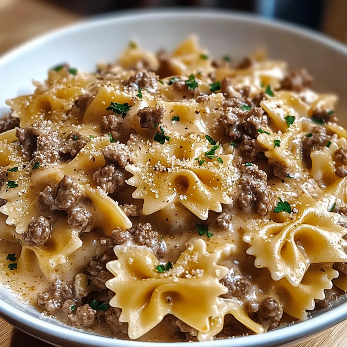 Creamy Parmesan Garlic Beef Bowtie Pasta