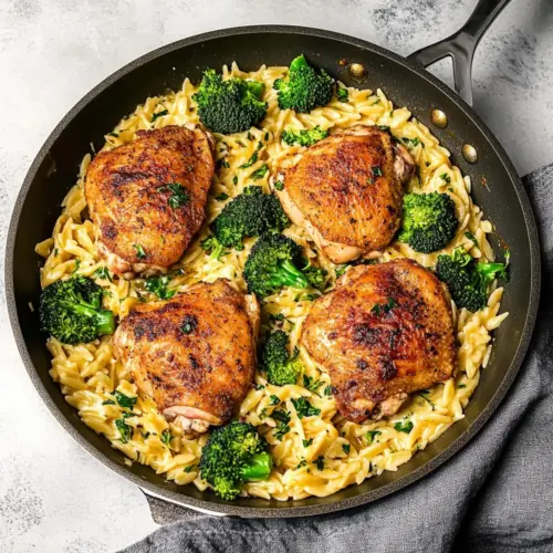 Skillet Chicken Thighs with Broccoli Cheddar Orzo