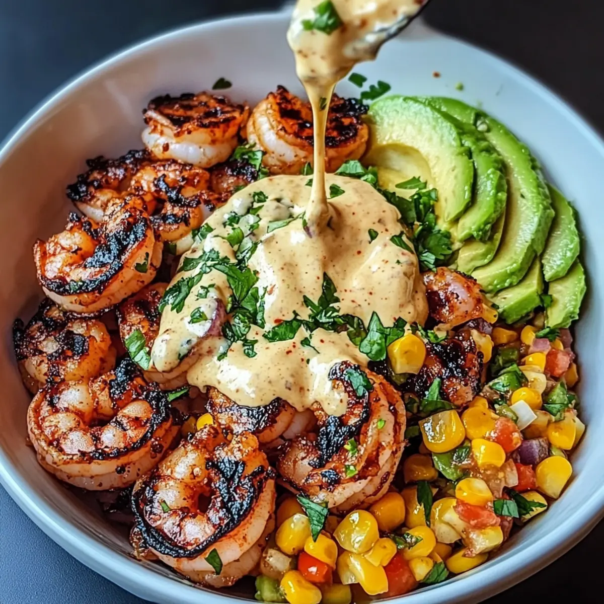Grilled Shrimp Bowl with Avocado, Corn Salsa & Creamy Garlic Sauce