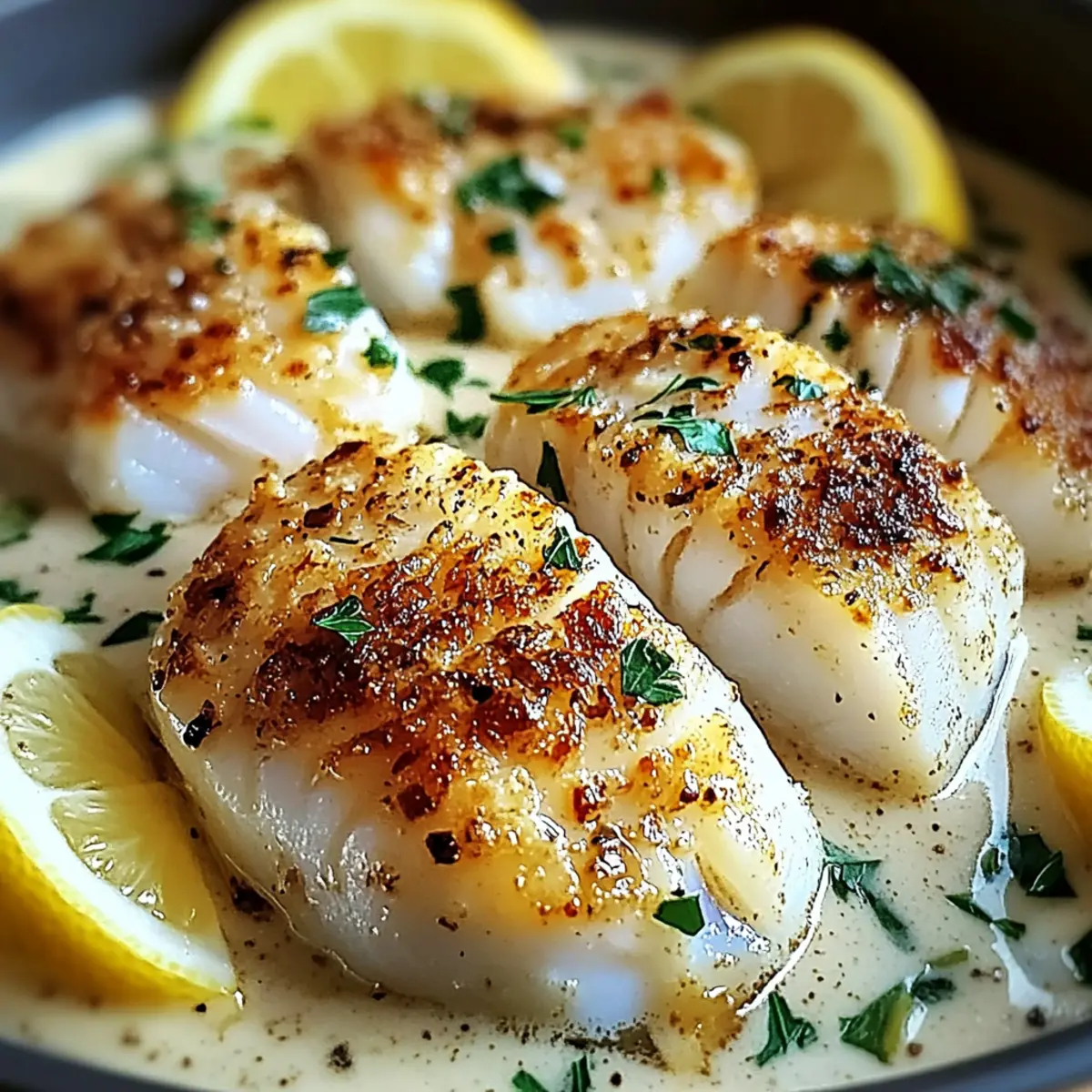 Baked Cod With Creamy Garlic Sauce & Lemon