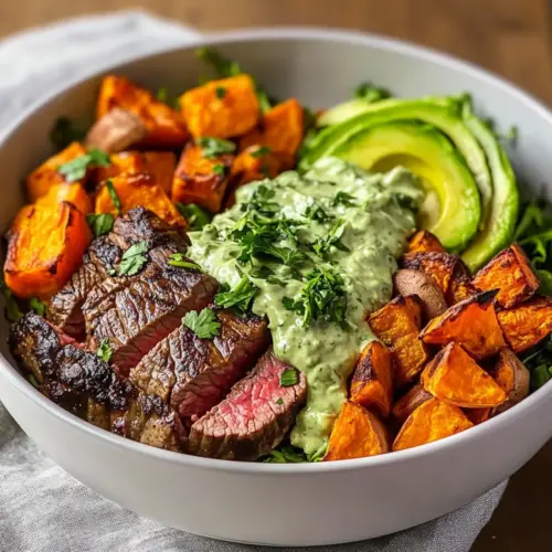 Steak and Sweet Potato Bowls with Avocado-Cilantro Drizzle