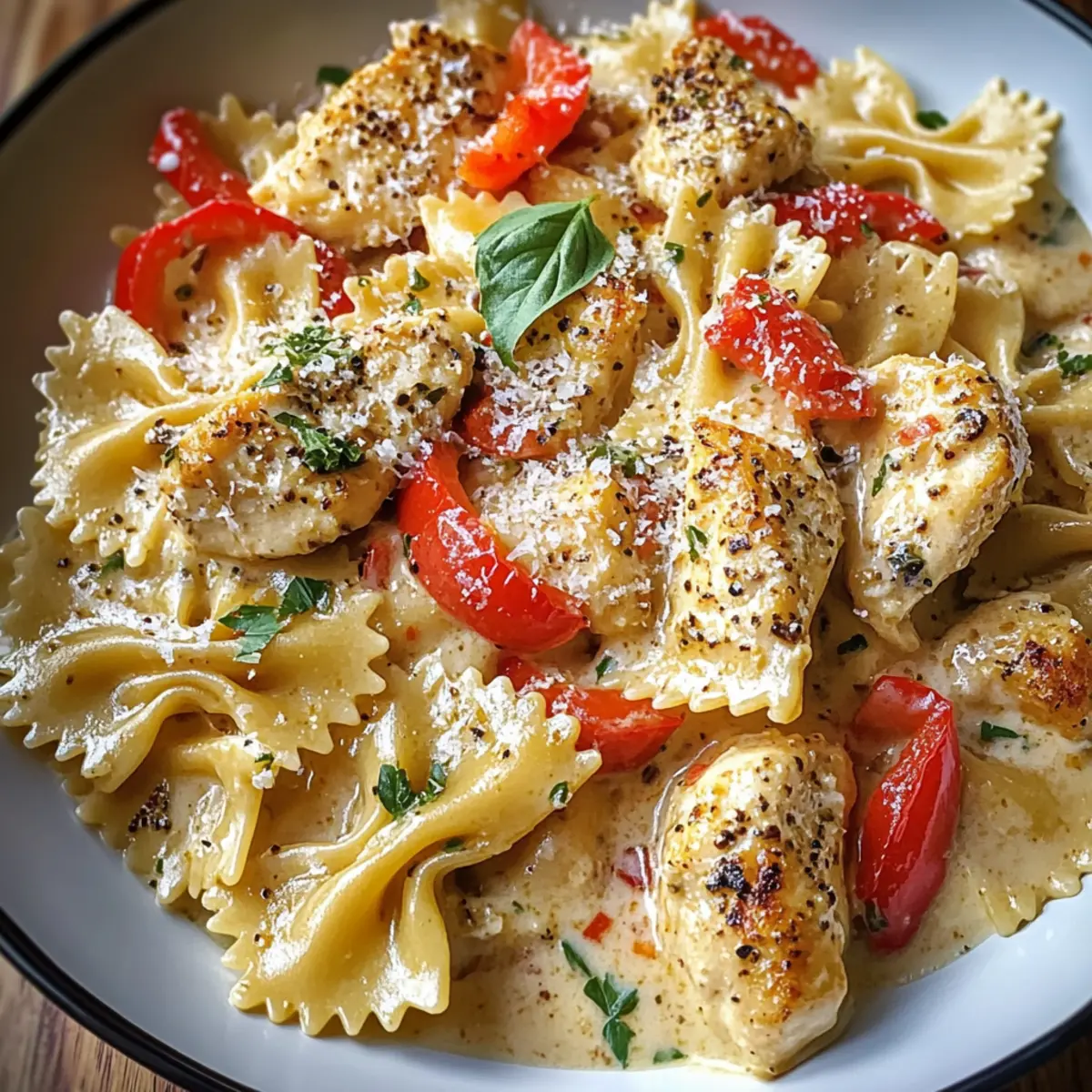 Parmesan Roasted Red Pepper Chicken Bowties in Garlic Cream