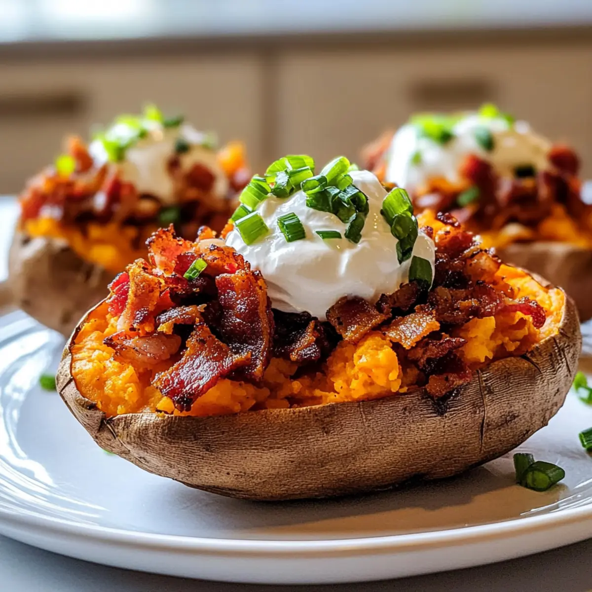 Loaded Baked Sweet Potatoes with Beef Bacon & Sour Cream