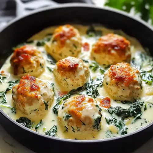 Baked Chicken Ricotta Meatballs with Spinach Alfredo